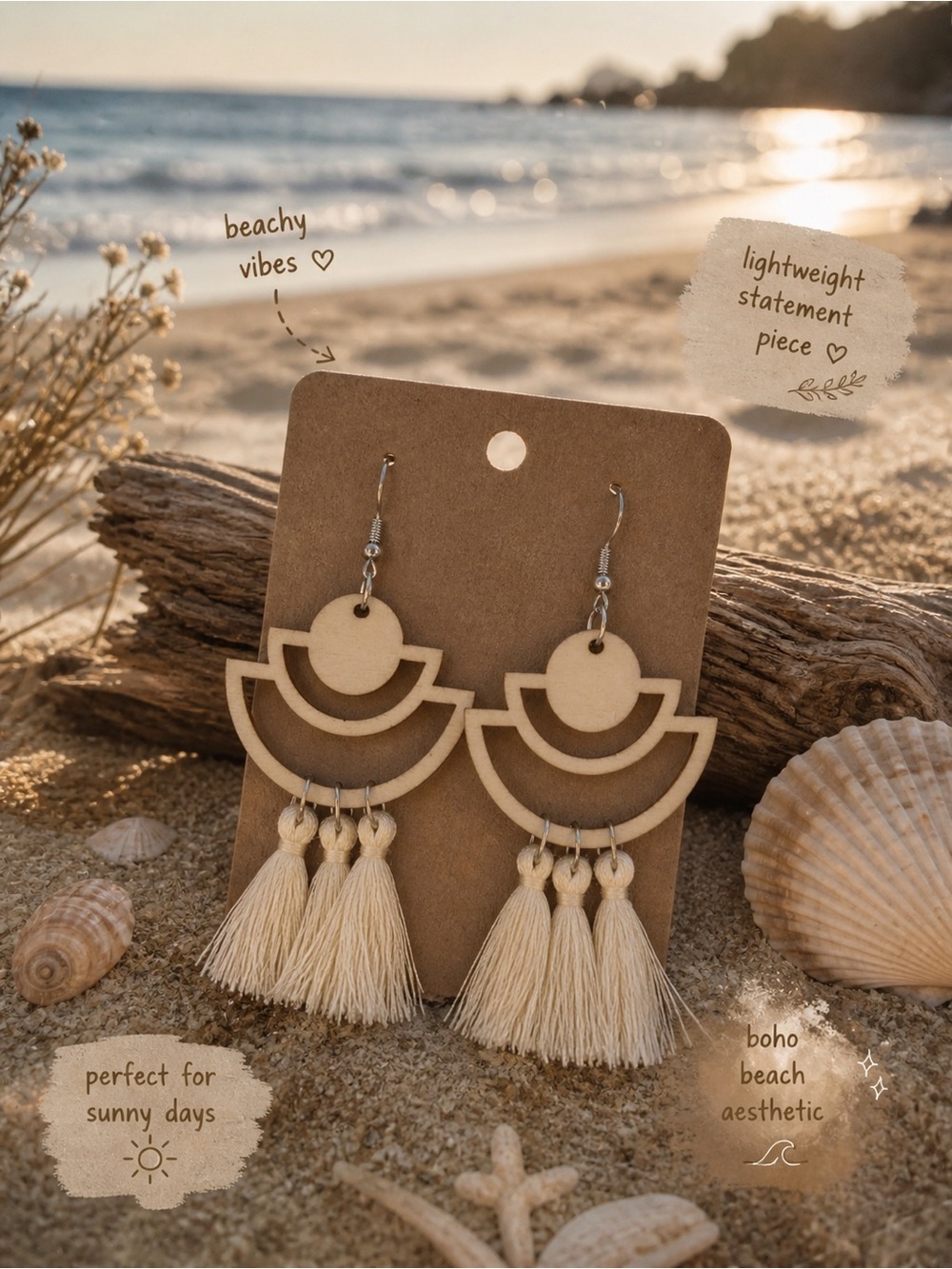 Hand Crafted Neutral Cream Boho Tassel Earrings